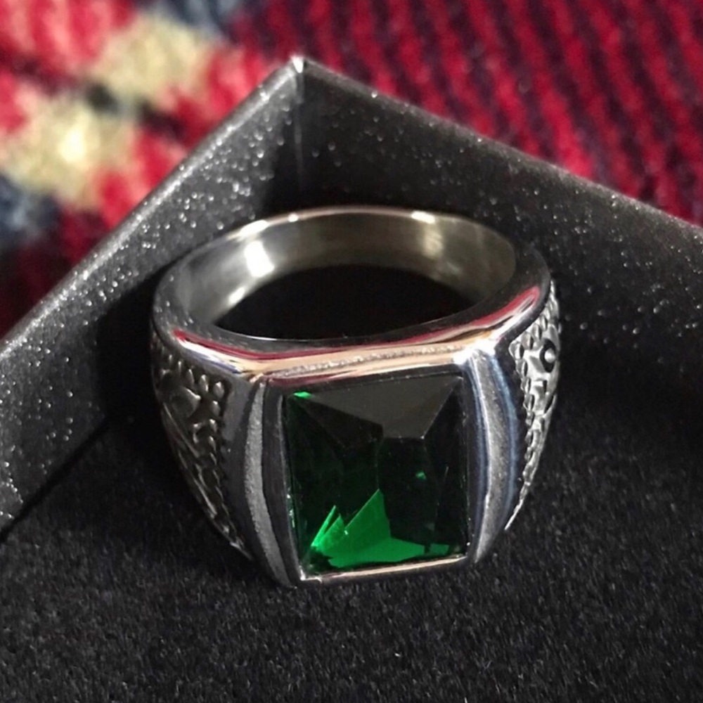Men's Stainless Steel Ring with Green Gemstone